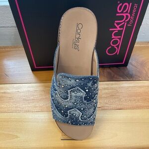 NIB Corkys Blue Embellished Denim Mules